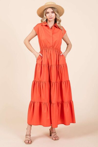 Mittoshop Button Up Collared Tiered Maxi Shirt Dress