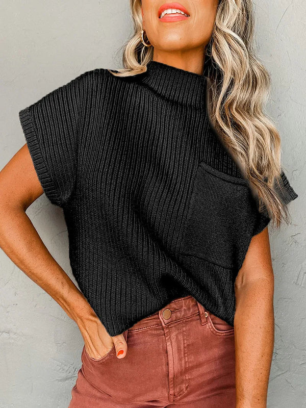 Black Patch Pocket Ribbed Knit Short Sleeve Sweater