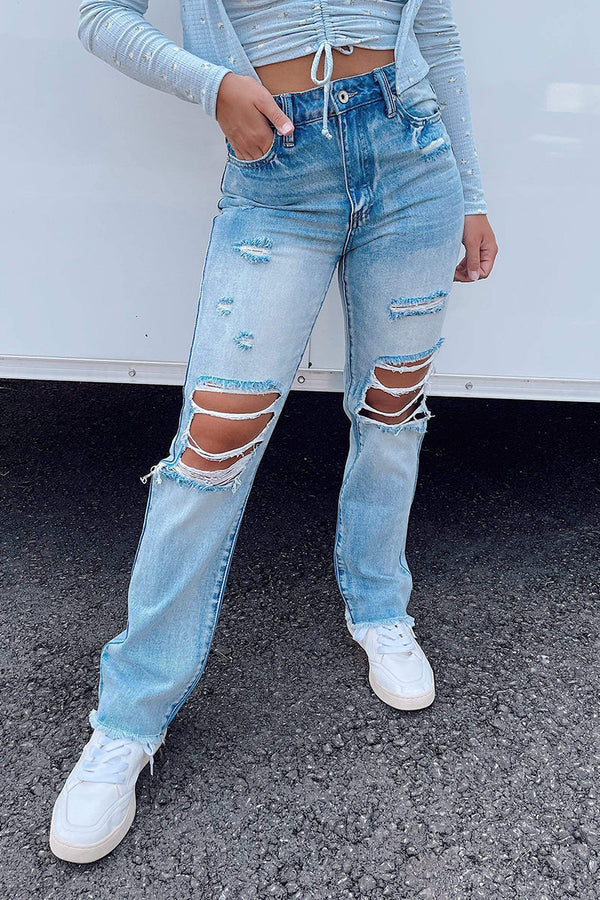 High Waist Frayed Hem Ripped Jeans