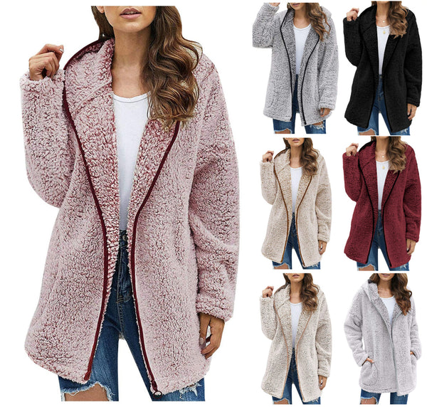 Solid Color Lapel Collar Hooded Long Sleeve Plush Sweater