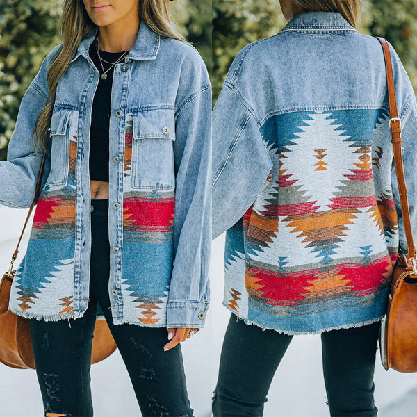 Woman's long sleeve casual loose paneled denim jacket