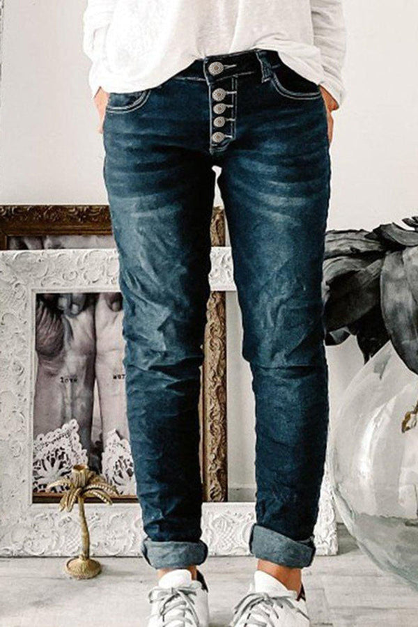 Button Up Roll Hem Straight Leg Jeans